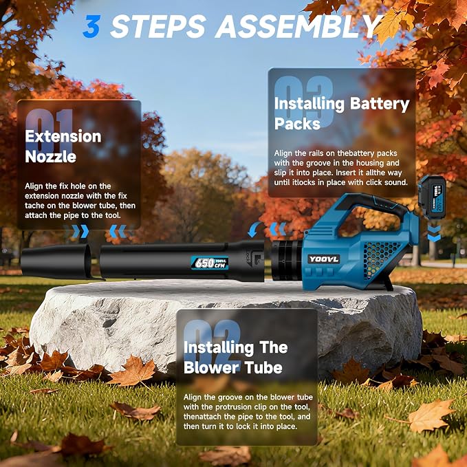 Leaf Blower Cordless, 650CFM Electric Leaf Blowers with 2 x 5.2Ah Batteries and Charger, 3 Speed Modes, 1 x Adjustable Shoulder Strap, Powerful Blowers for Lawn Care, Patio, Dust, Blowing Leaves - Image 6