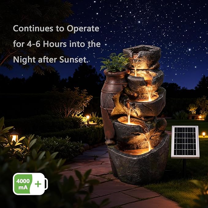 5-Tiers Solar Powered Cascading Rock Jar Water Fountain Outdoor, 31.7" H Outside Fountains and Waterfalls with 4 LED Lights for Patio, Deck, Porch, Backyard and Home Art Docor
