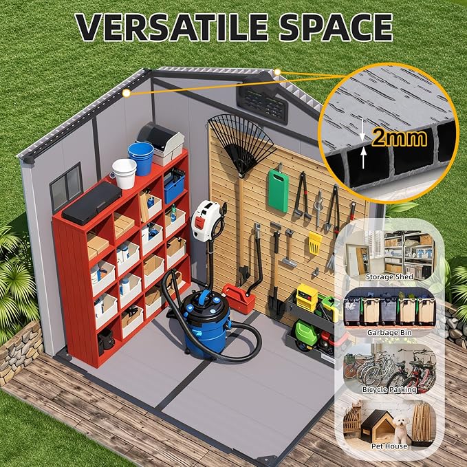 MELLCOM 6x4 FT Resin Outdoor Storage Tool Shed with Windows and Lockable Door, Garden Storage Shed with Floor, Resin Outdoor Shed for Bike, Garbage Can, Lawnmower - Image 4