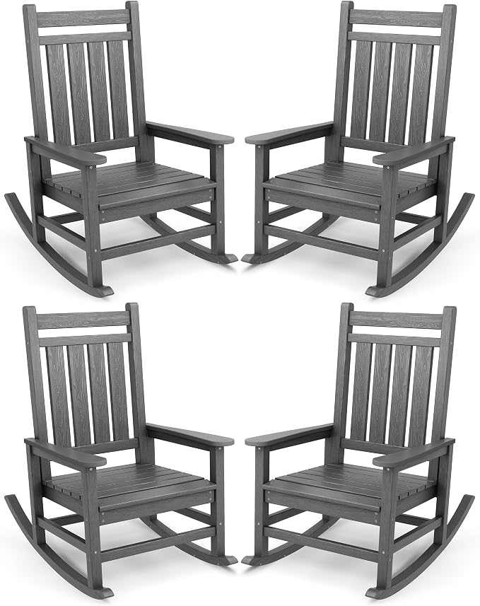 SERWALL Oversized Outdoor Rocking Chair Set of 4, HDPE Rocker for Adults, Patio Rocking Chairs for Porch, Grey by SERWALL