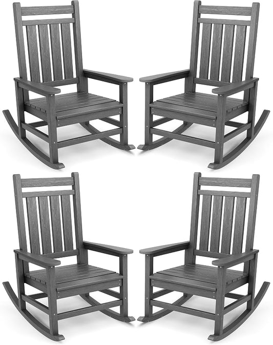 SERWALL Oversized Outdoor Rocking Chair Set of 4, HDPE Rocker for Adults, Patio Rocking Chairs for Porch, Grey by SERWALL