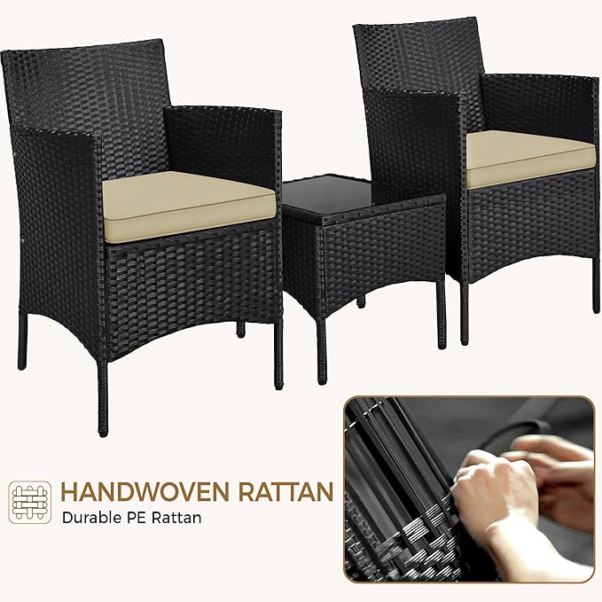 Yaheetech 3 Pieces Patio Conversation Set, Outdoor Rattan Bistro Furniture, 2 Chairs with Cushions & 1 Side Table for Bistro/Porch/Garden/Deck/Courtyard, Black/Khaki