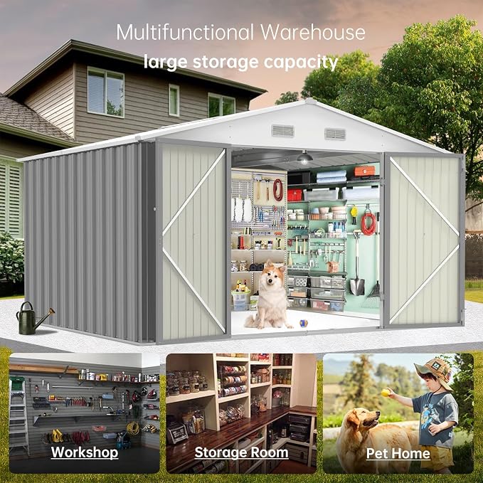 10X12FT Outdoor Metal Storage Shed, Lockable Weatherproof Garden Shed for Tools & Equipment, Durable Galvanized Steel with Sloping Roof & Ventilation, Ideal for Backyard, Patio & Garage Storage, Gray - Image 6