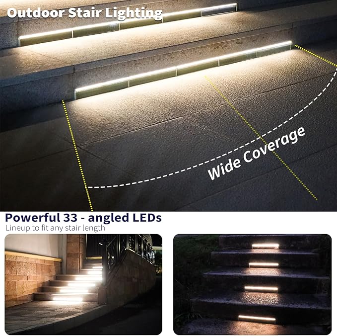 Solar Step Lights for Outside, 33 Focused-Beam High-Brightness LEDs, Waterproof Aluminum Outdoor Stair Light for Risers, Curbsides, Poolsides, Planter Edges (Warm White, 8Pack)