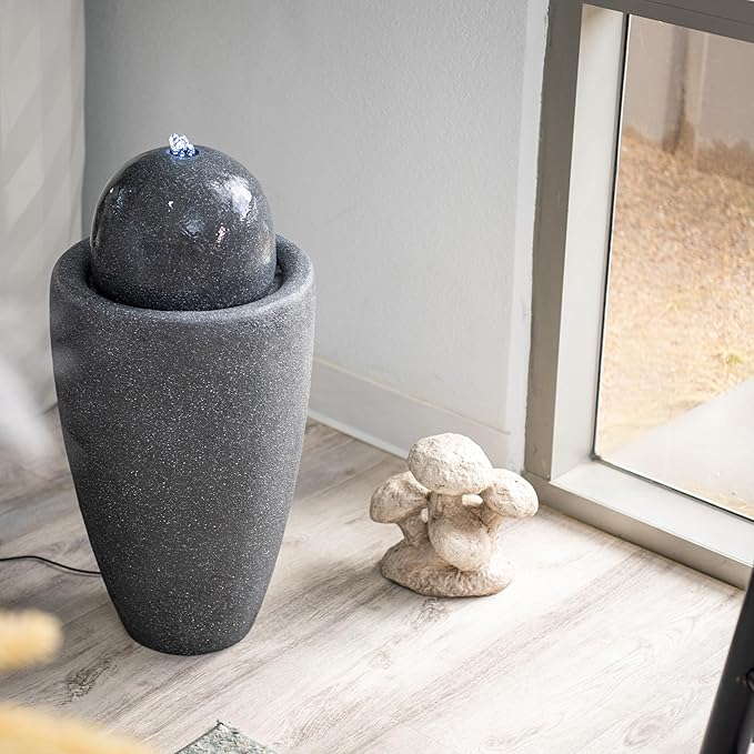 XBrand 26" Modern Sphere Water Fountain with LED Light – Indoor Outdoor Stone Texture Floor Fountain, Zen Bubbling Ball Water Feature for Garden Patio Porch - Gray
