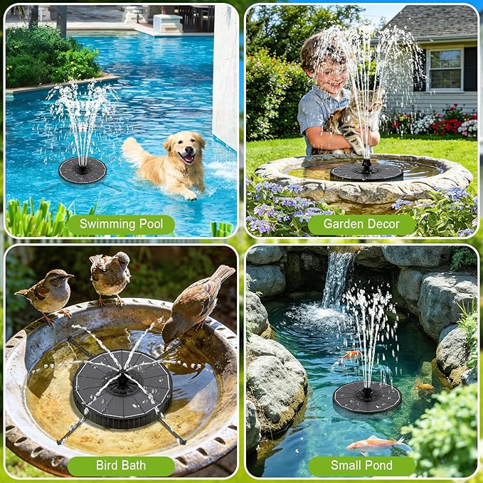 Solar Fountain with 3 Spray Height, Works in Shade, 3.5W Glass Solar Bird Bath Fountains with 2000mAh Battery and 4 Rotating Rods, 7 Nozzles, Outdoor Water Fountain Pump for Garden, Pool, Pond