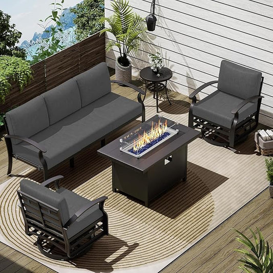 Patio Furniture Set 5-Piece Aluminum Armrest Sofa, Modern Outdoor Living Room Set with 55000 BTU Propane Aluminum Fireplace, Outdoor Rotary Joystick with Thick Cushion