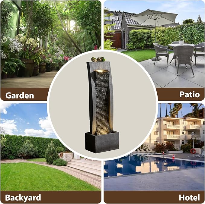 Outdoor Water Fountain, 49.2" Tall Freestanding Fountain with LED Lights & Pump - Curved Faux Slate Waterfall Feature for Garden/Patio/Backyard, Resin Fiberglass Indoor Outdoor Floor Standing Fountain