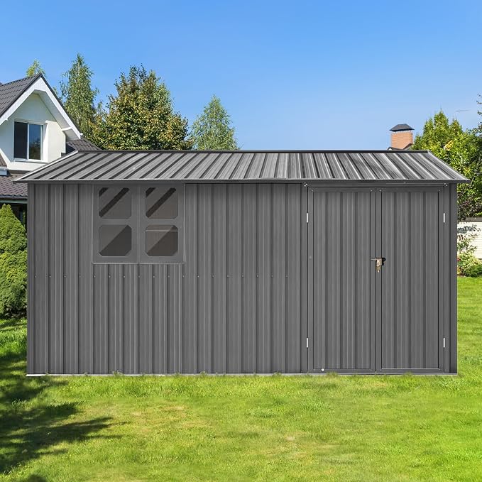 10x12 FT Outdoor Storage Shed, Large Metal Garden Shed with Window & Hinged Door, Upgraded Outside Tool Shed with Foldable Worktable & 2 Shelves, Waterproof Storage Building for Backyard, Gray - Image 8