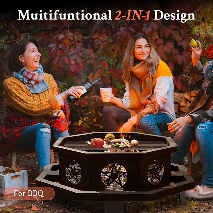 Verdeluxe 43 Inch Octagonal Fire Pit with Cooking Grill,Outdoor Wood Burning Fire Pit for Camping Outside Picnic Bonfire,Heavy Duty Firepit for Backyard Garden Patio - Image 7