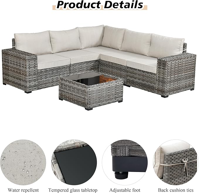 HOOOWOOO Modular Patio Outdoor Sectional Furniture Set,6 Pieces Wicker Conversation Sofa Set,Out Door Couch Set with Wide Arm for Outside All Weather(Beige)