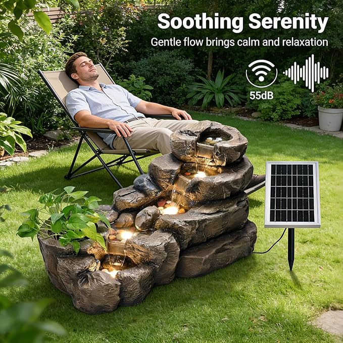 38.2" L Solar Water Fountain Outdoor Garden 5 Tiers Floor Standing Rock Natural Waterfall Outdoor Fountains with LED Lights and Planting Pot for Patio, Porch,Backyard,Home Art Decor