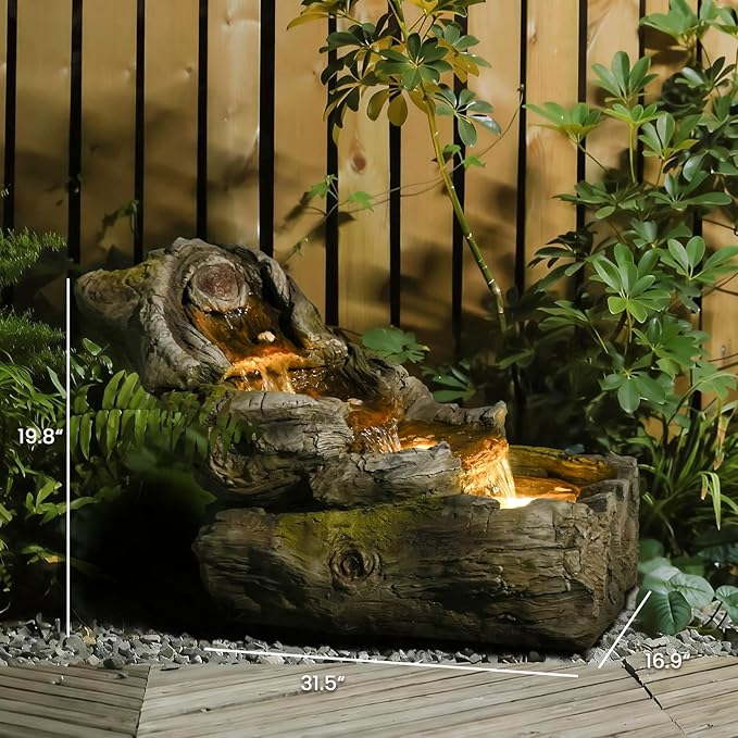 31.5" L Outdoor Water Fountain with 3 Tiers Cascading Realistic Tree Trunk Waterfall Fountains with LED Lights Outdoor Water Fountain for Garden Patio Backyard Porch Home Decor