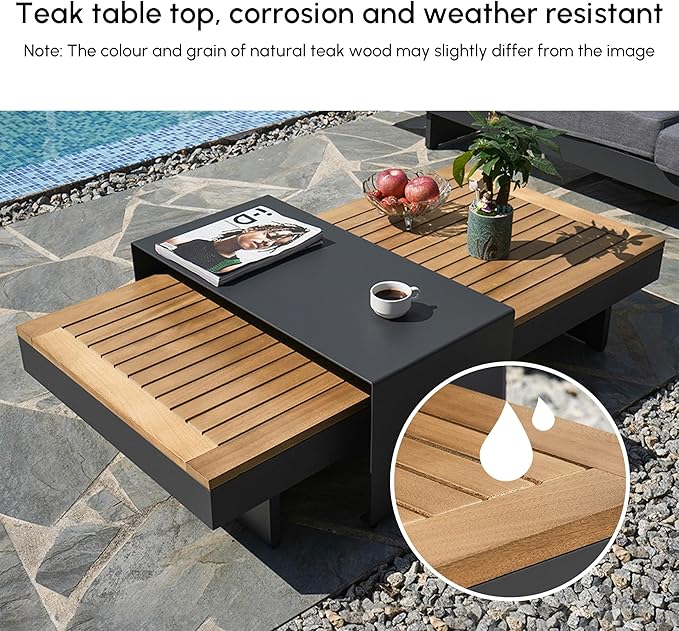 homary Outdoor Conversation Sets, 6 Piece Aluminum & Teak Patio Sectional Sofa Set with Adjustable Backrests, Waterproof Cushions, Ideal for Patios & Balconies | Outdoor Materials, Fade Resistant, Modular design
