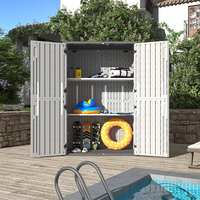 Aoxun White Resin Outdoor Storage Shed with 2 Shelves & Floor, 64 Cu.Ft Vertical Waterproof Cabinet for Garage, Pool, Bike, Garden Tools, Patio Furniture - Image 8
