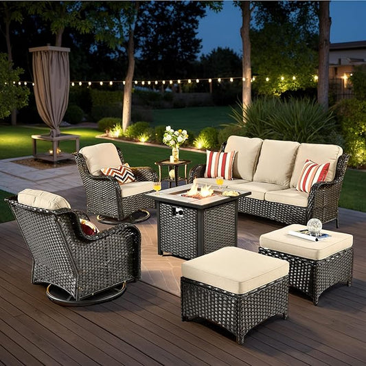 HOOOWOOO Patio Furniture Set,7 Piece Outdoor Furniture Set with Fire Pit Table,Wicker Patio Conversation Couch Swivel Chairs Ottoman Set,Beige