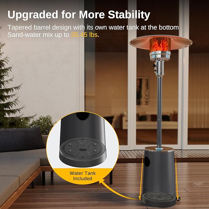 EAST OAK 50,000 BTU Patio Heater with Sand Box, Table Design, Double-Layer Stainless Steel Burner, Wheels, Triple Protection System, Outdoor Heater for Home and Residential, 2024 Upgrade, Black