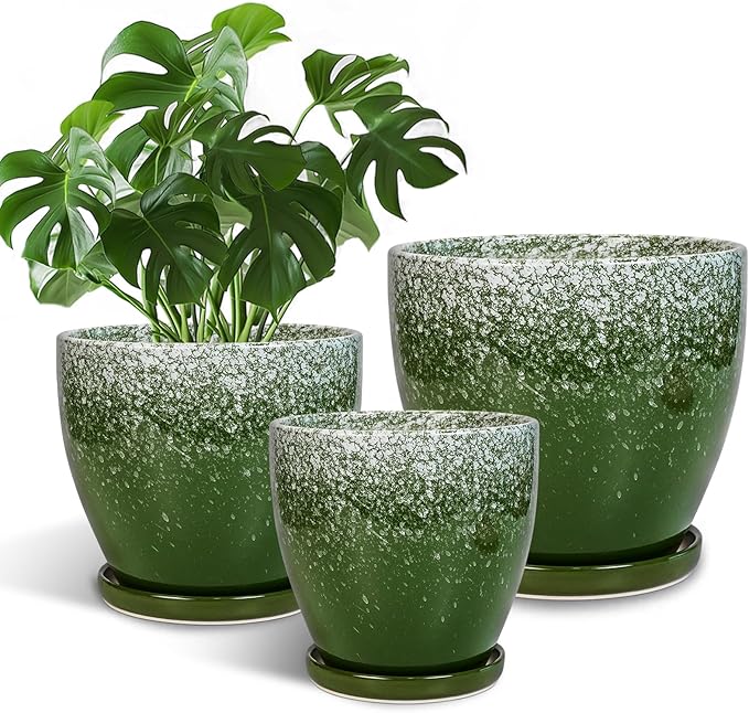 Ceramic Planters 3 Pack - 10 Inch 8 Inch 6 Inch Plant Pots for Indoor Outdoor, Round Decorative Flower Pots with Drainage Holes and Saucers, Garden Home Decor, Gift for Women Men, Green