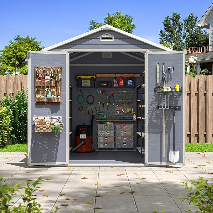 Aoxun 6x8 FT Outdoor Storage Shed, Plastic Garden Resin Shed with Floor and Window for Patio, Lawn, Outdoor Storage with Lockable Door for Bike, Tools, Garbage Can, Grey - Image 8