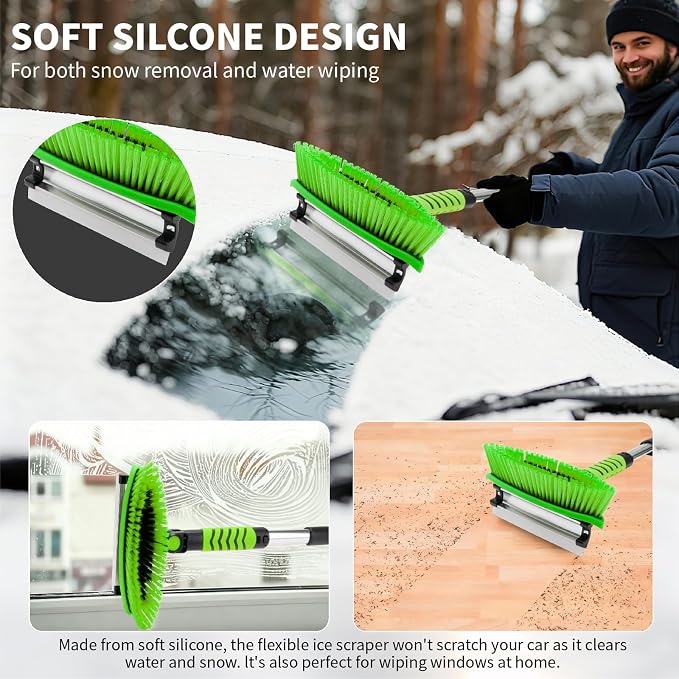 43.3'' Snow Shovel & Snow Brush with Ice Scrapers for Car Windshield,5-in-1 Extendable Thicken Aluminum Tube,180° Pivoting Brush Head & Foam Grip for Christmas, Cars, Trucks, SUVs, Vehicle（Green - Image 2