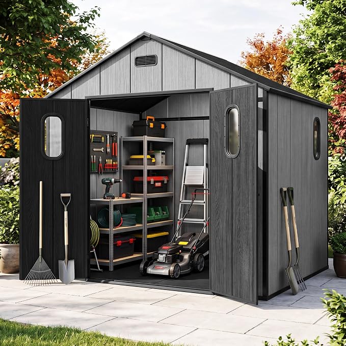 Domi 8x6Ft Resin Outdoor Storage Shed with Floor, Plastic Garden Storage Shed, Outside Weatherproof Storage Building for Tools, Bike, Lawn Mower, Patio, Backyard by domioutdoorliving