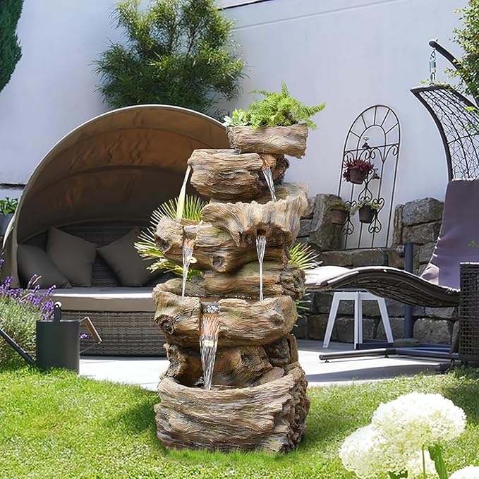 40.5" H Outdoor Water Fountain 5 Tiers Large Cascading Wooden Imitative Wood Natural Waterfall Outdoor Fountain Resin Imitation Wood with LED Lights for Garden, Patio, Porch
