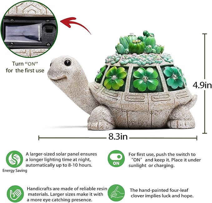 Solar Garden Outdoor Statues Turtle with Succulent and 7 LED Lights - Lawn Decor Tortoise Statue for Patio, Balcony, Yard Ornament - Unique Housewarming Gifts