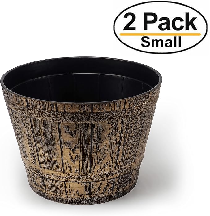 Sapphire Fancy Whiskey Barrel Set of 2 Victorian Rustic Look Flowerpots/Planters for Indoor Outdoor Garden Patio Office Home Decor Use (Gold-S)
