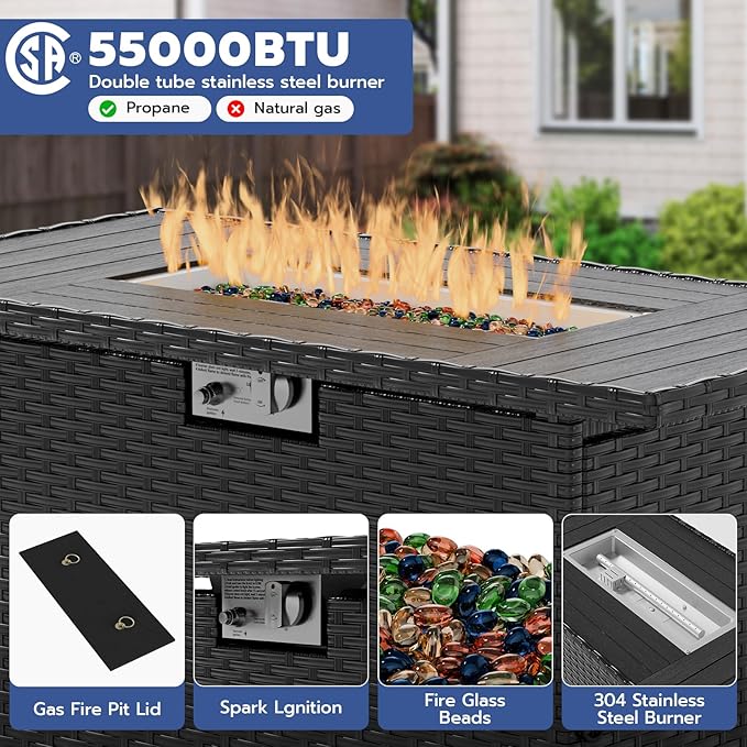 7 Piece Patio Furniture Set with Fire Pit Table, Outdoor Sectional Conversation Sets Black Wicker Rattan Sofa with Coffee Table for Patio Garden Backyard, 4'' Thickened Cushion Black