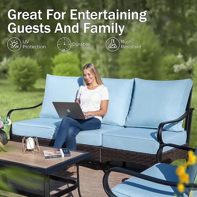 PHI VILLA Patio Furniture Set with 56" Fire Pit Table, Premium Outdoor Wicker Metal Frame Furniture with Upgraded Waterproof Thick Cushions for Porch, Poolside, Deck, and Yard （5 Pieces, Blue