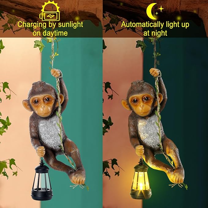 Solar Light Outdoor Monkey Statues Brown 13.78 Inch Resin Chimpanzee Baby Monkey Climbing on Vine with LED Lantern Waterproof Hanging Figurine with Hook for Yard Garden Wall