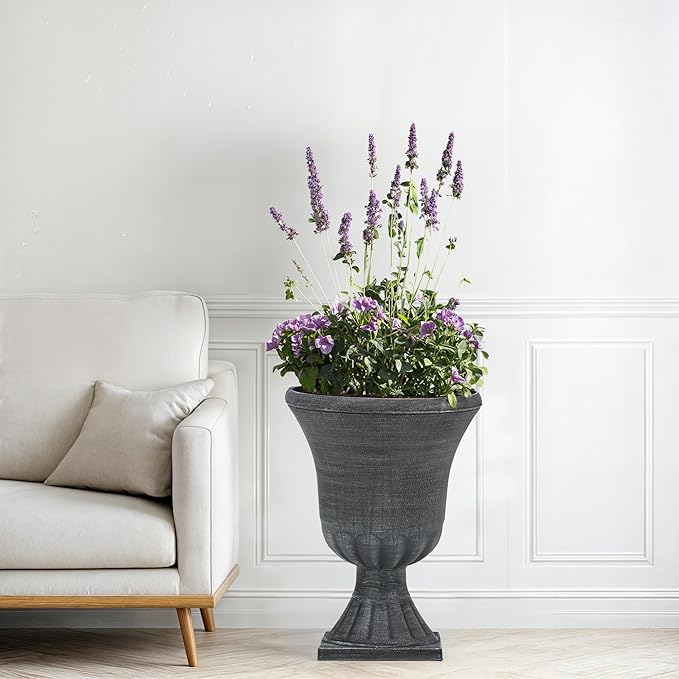 22" Tall Plastic Urn Planters Set of 2, 3D Textured Washed Black Finish Pedestal Plant Pots, Weather-Resistant Large Flower Pots for Front Porch, Patio, Garden & Indoor Use