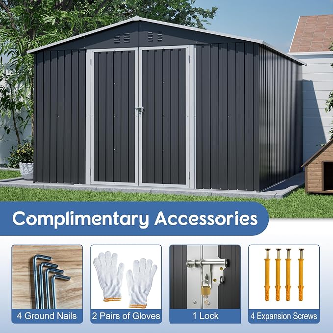 YOPTO 10x10 FT Outdoor Storage Shed,Large Metal Tool Sheds with Updated Frame Structure and Lockable Doors, Garden Shed for Backyard Patio Lawn, Black - Image 9