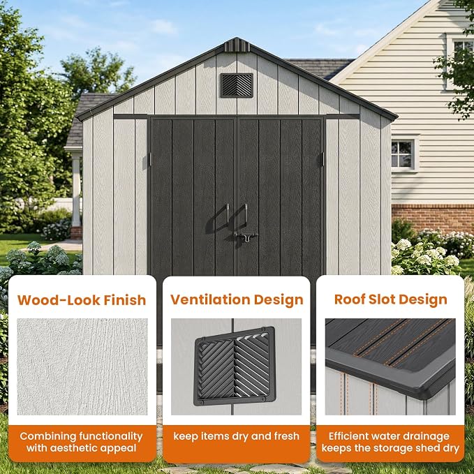 Jocoevol Outdoor Storage Shed, 8x10FT Resin Shed with Floor/Windows/Lockable Door/Vents, 15mm Thickened Heavy Duty All-Weather Garden Tool Shed for Backyard, Patio, Lawn, Gray - Image 5