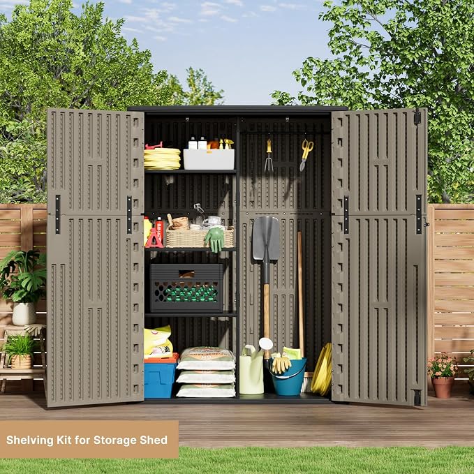 KINYING Outdoor Storage Cabinet Waterproof, 57 Cu.ft Resin Vertical Outdoor Storage Shed for Patio Furniture, Garden Tools, Pool Accessories, Mower Storage (Brown) - Image 6