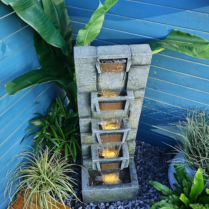 41.1" Garden Water Fountain Outdoor – 5-Tier Modern Cascading Resin Waterfall Fountain with LED Light, Mossy Stone Look, Floor-Standing Outdoor Water Feature for Patio, Yard, Deck, Home Décor
