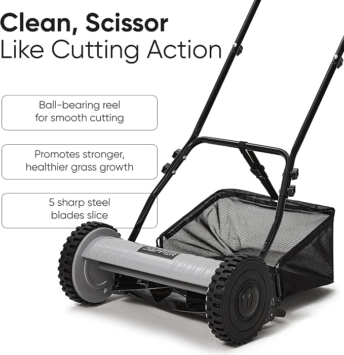 16" Push Reel Lawn Mower with Grass Catcher – Manual 5-Blade Hand Mower, Adjustable 3-Position Cutting Height (0.5"–1.75"), Lightweight & Eco-Friendly – 1-Year Warranty - Image 4