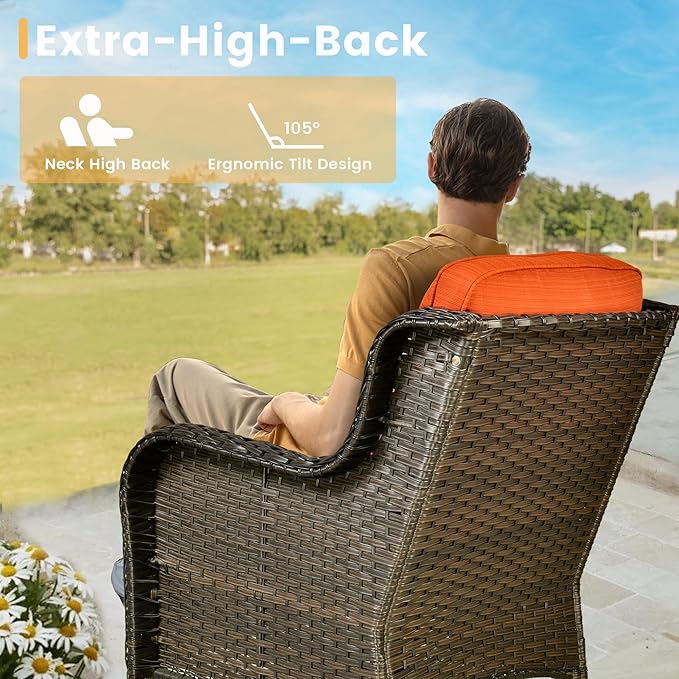 HOOOWOOO Patio Furniture Set,7 Piece Outdoor Furniture Set with Fire Pit Table,Wicker Patio Conversation Couch Swivel Chairs Ottoman Set,Orange Red