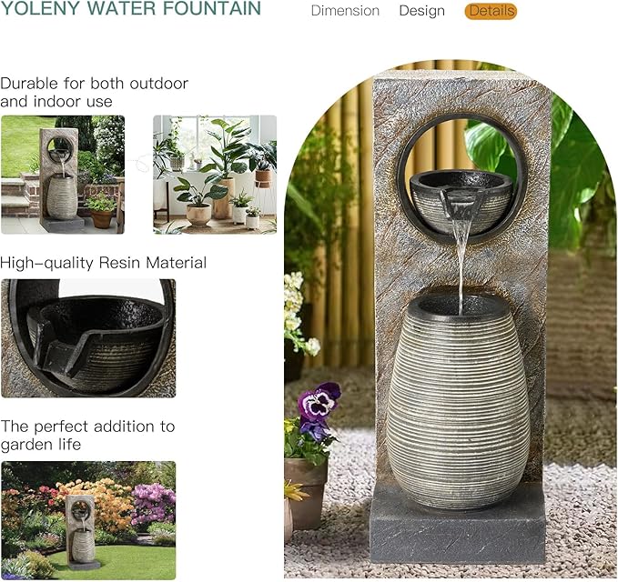 YOLENY Tall Outdoor Fountain with LED Lights, 39.7'' H Water Fountain Modern, Outdoor Freestanding Fountains for Garden Yard Home Decor