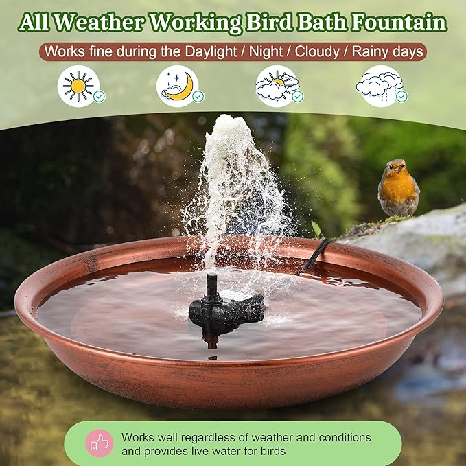 Bird Bath Fountain for Outside, 13.5" Garden Metal Bird Bath Bowl with 8W Water Pump, 2 Nozzles Adjustable Water Fountain for Backyard Patio Garden and Outdoor Water Features