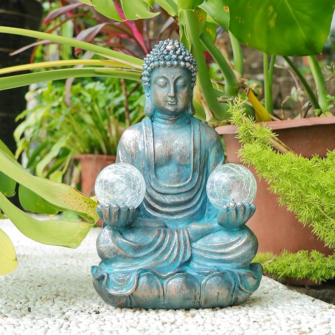Afirst Meditating Buddha Garden Statues Solar Buddha Sculpture Decor with Glass Balls Zen Meditation for Home Garden Yard Patio Indoor Outdoor Ornaments Gifts for Mom, 10.5''