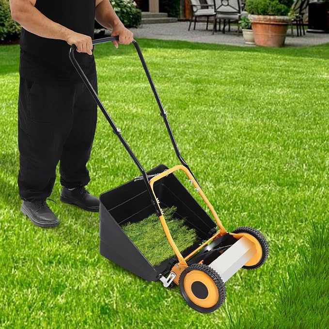 14-Inch Push Reel Lawn Mower Cordless Grass Cutter Machine with 4 5-Edged Blades 2-in-1 Function & Adjustable Cuttable Height for Park Landscaping Grassland Woodland Gardens - Image 5
