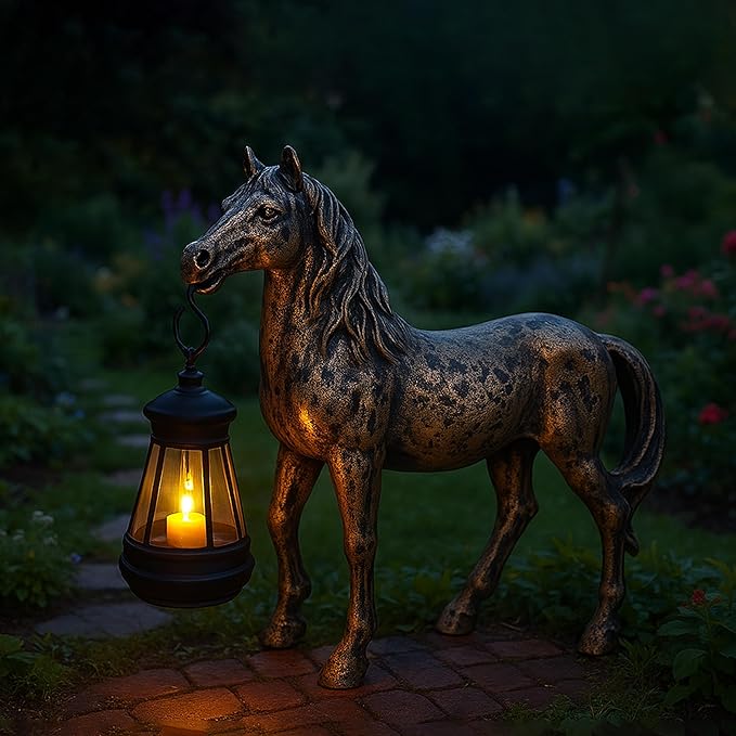Horse Garden Statue with Lantern 7.5x6.8 inch, Solar Lighted Outdoor Figurine Sculpture for Yard Lawn Patio Farmhouse, Whimsical Home Decor, Gift for Housewarming Birthday Christmas (Bronze Color)