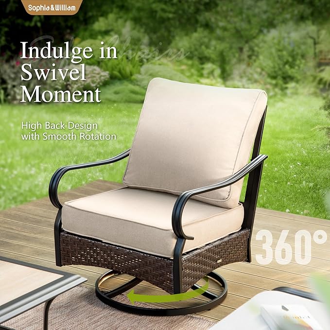 Sophia & William Metal Patio Furniture Set, 7 Seats Outdoor Conversation Set with 3-Seater Sofa, 2 Swivel Chairs, 1 Loveseat, 1 Coffee Table for Seating, Lawn Porch Backyard,Beige