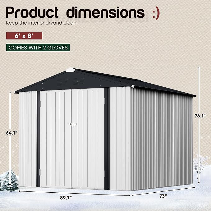 GUNJI 8 x 6 FT Shed Outdoor Storage Shed Metal Garden Shed with Lockable Door Outside Waterproof Tool Shed for Backyard, Patio, Lawn (White) - Image 7