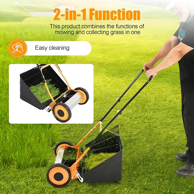 14Inch Manual Lawn Mower, 4-Blade Manual Reel Push Behind Machine, Walk-Behind Mowers Outdoor Equipment with Grass Catcher Bag for Green Lawns Driveways & Courtyards - Image 5