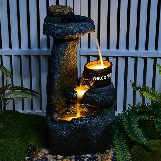 33" Outdoor Garden Water Fountain with Lights 4 Tiers Cascading Large Waterfall Floor Standing Fountain for Patio, Backyard, Deck, Porch and Home Art Decor