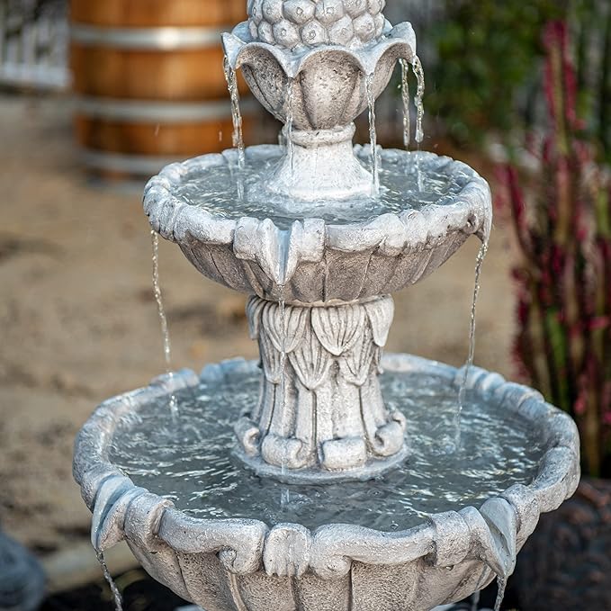 XBrand 58.3" Outdoor Bird Bath Fountain, 3-Tier Water Feature with Pump, Classic Leaf Design, Gray Resin Garden Décor for Yard, Lawn & Porch