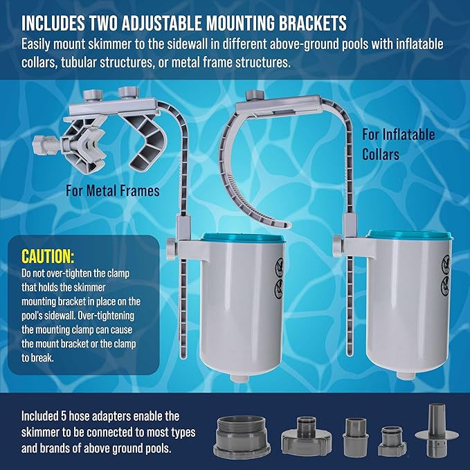U.S. Pool Supply Pool Skimmer - Above Ground Pool Skimmer, Floating Surface Skimmer, 5 Adapters, Pool Accessories - Clean Dirt Basket, Wall Mount, Attach to Inflatable Collars, Tubular, Metal Frames - Image 3