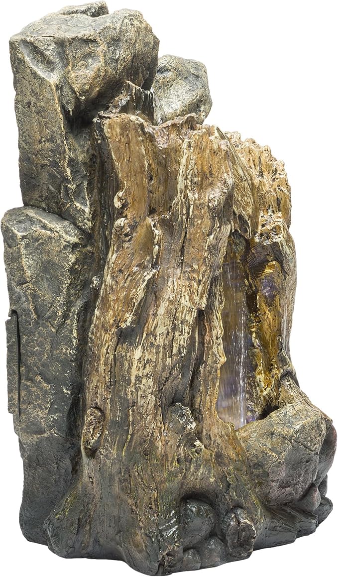 Alpine Corporation WIN270S Indoor/Outdoor Floor Rainforest Fountain with LED Lights, Tree Trunk Waterfall Fountain 22", Brown